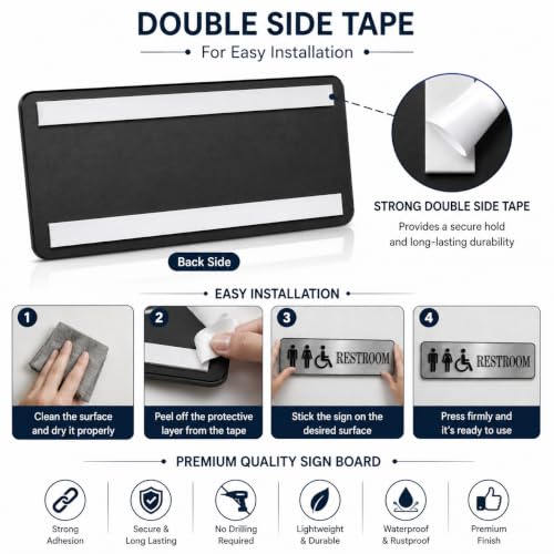 Image of Premium Brushed Silver Acrylic Unisex Restroom Door Sign 10 x 3 Inch | Self-Adhesive Washroom Signage for Hotel, Office, Corporate, Business, Resort, Society, Hospital & Commercial Spaces