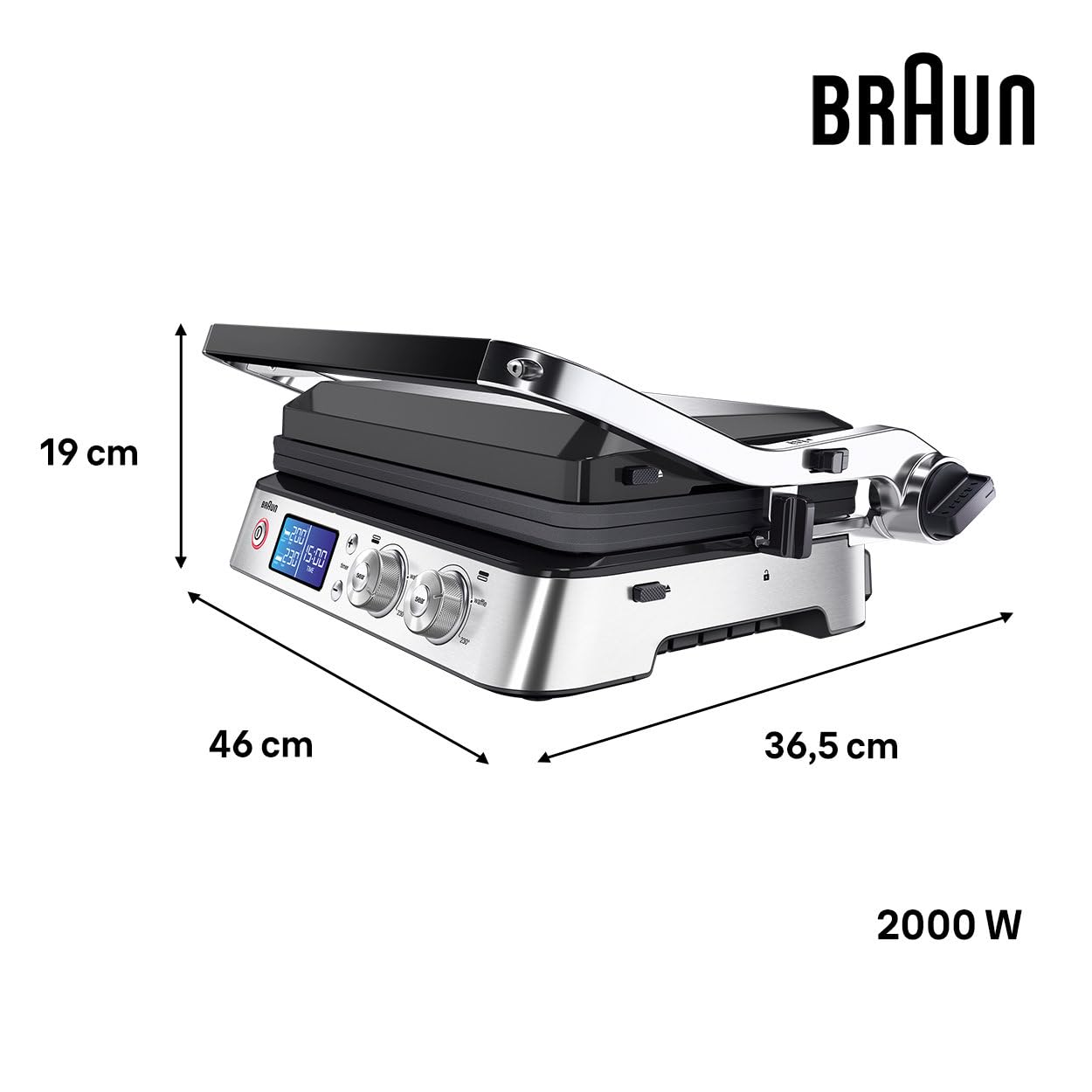 Braun Kontaktgrill CG9040 schwarz/edelstahl Tischgrill Elektrogrill 2000 W, Teflon Antihaftbeschichtung, Timer, Digitalanzeige, spülmaschinengeeignete Grillplatte