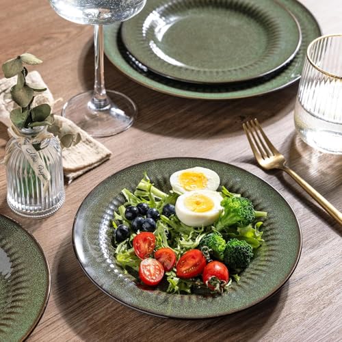 LeRatio Geschirrset für 6 Personen, 18-tlg Reaktive Glasur Steingut Geschirr Set, Keramik Kratzfestes- Schüssel- und Teller-Set, Spülmaschinen- und Mikrowellenfestes (Jadegrün, 18 Teile Set)