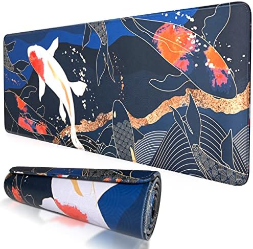 Japanese Gaming Mouse Pad XL - Computer/Laptop Deskpad (31.5 x 11.8 Inches, 4MM Thick) Waterproof/Nonslip Base/Stitched Edges | Office/Gaming XL Mousepad XL Desk Pad, Full Desk Mousepad - Koi Fish Art