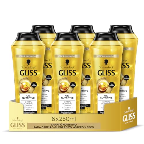 Gliss - Champú para pelo muy seco, castigado o quebradizo - Oil Nutritive - 6uds de 250ml (1.500ml)– Gama Nutrición