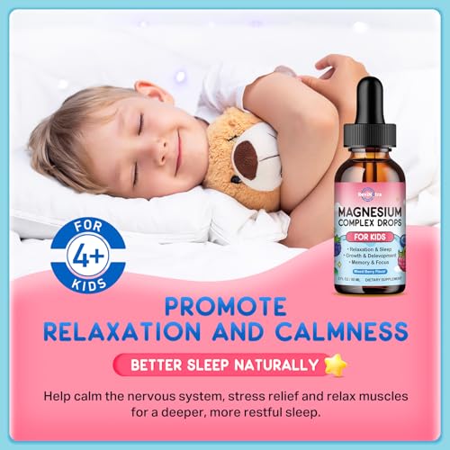 Image of (2 Pack) Magnesium Glycinate Liquid for Kids, Kids Magnesium Liquid Drops Supplement with L-Theanine, Calcium, Zinc, Vitamin D3 K2 for Sleep Calm Relaxation Brain Bones, Mixed Berry Flavor 4 Fl Oz
