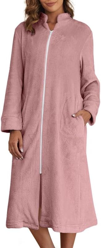 Ekouaer Women's Zip Up Robe Fleece Bathrobe Long Zipper Lounger Warm Housecoat Long Sleeve Nightgown with Pockets S-XXL