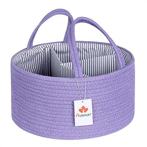 Image of AUNHUIT Large Baby Diaper Caddy Organizer Purple Round Hanging Nursery Storage Bin Portable Changing Table/Car Travel Tote Bag Removable Inserts Newborn Registry 15"X7.4" Boy Girl Shower Gift Basket