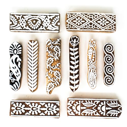 Image of Hashcart Wooden Stamp Block, Printing Stamp Design Set | Block For Printing Saree Border | Dresses, Craft Card Making, Scrapbook, Clay Pottery | Set of 10
