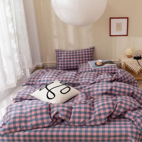 Image of MKXI Plaid Duvet Cover Queen Pink Plaids Floral Bedding Breathable Linen Like Textured Duvet Cover Set Natural Wrinkled Look Rustic Geometric Farmhouse Style Bedding for Girls Women