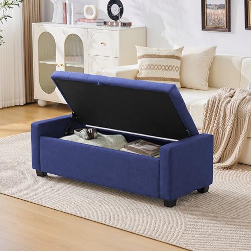 Image of Huatean Home 48 inch Ottoman with Storage, Storage Ottoman Bench with Safety Hinge, Upholstered Entryway Bench with Seating for Bedroom, Living Room, Holds up to 330 lb, Blue