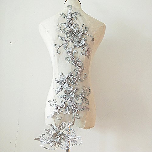 3D Beaded Flower Sequence Lace Applique Motif Sewing Bridal Wedding 3In1 20Cmx72Cm (Silver) #TOP1