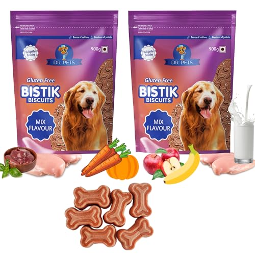 Image of Dr. Pets Pack of 2 (900g Each) Bistik Dog Biscuits Mix Flavour | Gluten Free Dog Treats | Natural Ingredients | Supports Digestion & Bone Health | Crunchy Snacks for Puppies & Adult Dogs