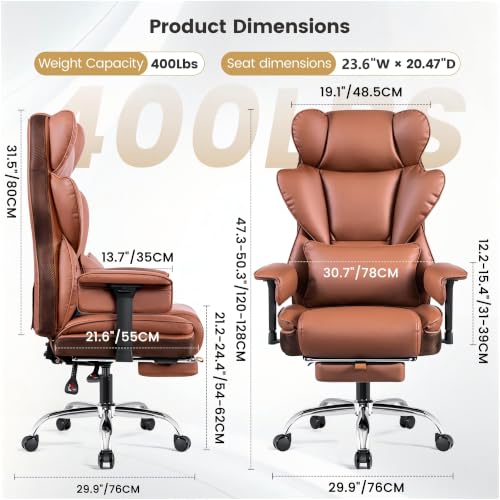 Image of Big & Tall Executive Office Chair, 400 LBS Computer Desk Chair | 23.6 inch Extra-Wide Seat with Footrest, Ergonomic High Back with Lumbar Support, 3.2 inch Adjustable Arms, Brown PU Leather, 2 Pack