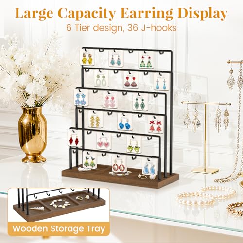 Image of EsLuker.ly Earring Card Display Stand for Vendors Events Selling, Earring Holder Rack Metal 6 Tier 36 Hooks with Wooden Base, Large Capacity Showcase Your Jewelry at Any Event, Black