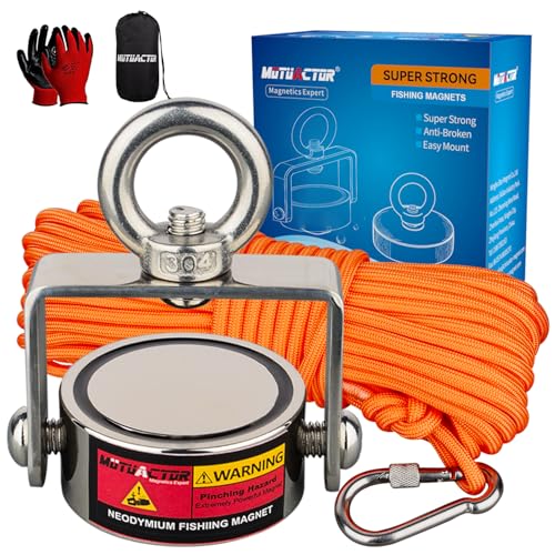 MUTUACTOR Magnet Fishing Kits,760lb Strong Rotating Fishing Magnets Heavy-Duty, Φ1.96''Neodymium Rare Earth Swivel Magnet with 65Ft Durability Rope,Sturdy Gloves for Retrieving Treasures in Rivers