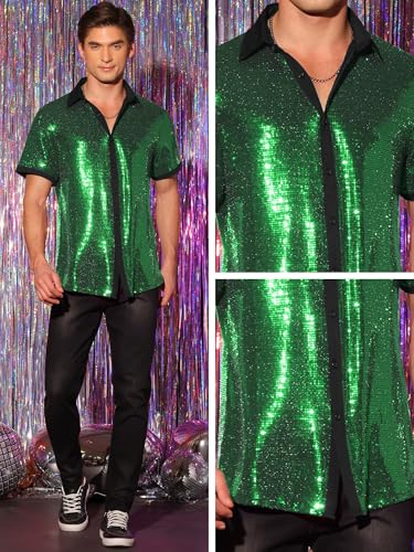 Lars Amadeus Sequins Shirts for Men's Short Sleeves Disco Party Sparkly Metallic Shirt4