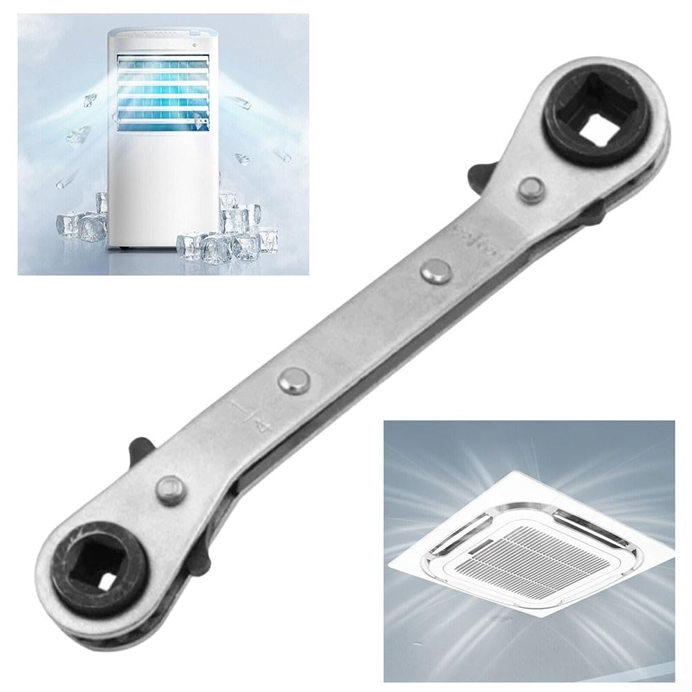 Chiave a cricchetto quadrata a doppia testa per apparecchiature di refrigerazione con aperture da /4" 3/8" 5/16" 3/16" in acciaio al carbonio cromato per HVAC e (bianco piatto)