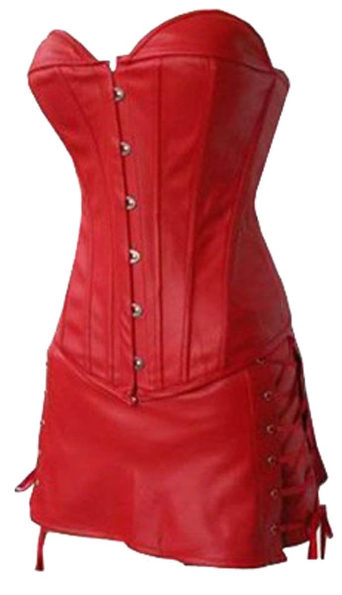 Woman's Faux Leather Bustier Corset Skirt Dark Red