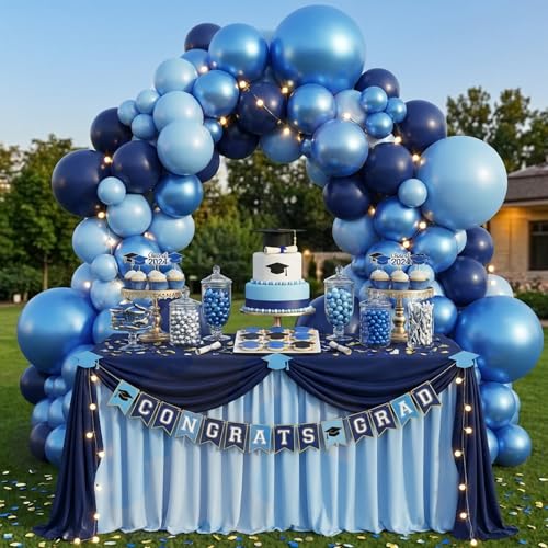 Image of RUBFAC Metallic Blue Balloons 129pcs Different Sizes Pack of 18 12 10 5 Inch, Latex Chrome Blue Balloon Garland Arch Kit for Wedding Baby Shower Birthday Party Graduation Decorations