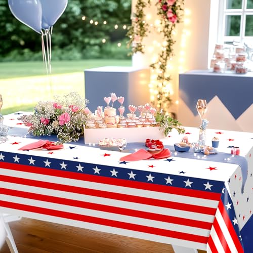 Image of Avezano 3 pcs 4th of July Tablecloth Patriotic Tablecloths Red White and Blue Plastic Table Covers Disposable 108 x 54 inch Fourth of July Decorations