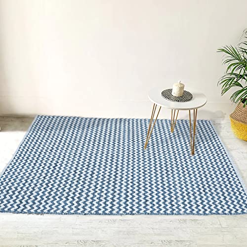 Image of The Home Talk Zig Zag Cotton Area Rug - Carpets Suitable for Living Room, Bedroom, Dining Room, Home Decor - Handcrafted Traditional Rectangular Rugs - Non-Skid | 4' X 6' - Ash Blue |