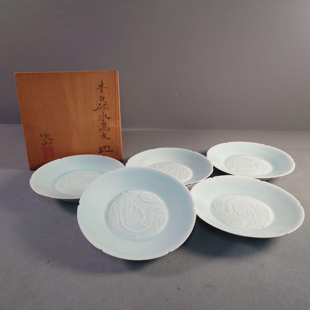Amazon.co.jp: A1474-3/快山窯/塚本快示/青白磁水鳥文銘々皿5客/共箱