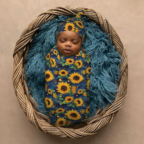 Image of Sunflowers Starry Night Newborn Swaddle Blankets Hat Sets Soft Baby Receiving Blanket Swaddle Sack for Baby Shower Infant Boy Girl Gift