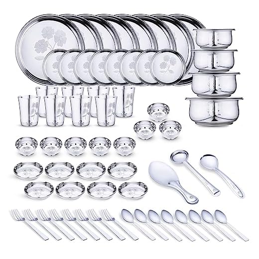 Limetro Steel Laser Printed Steel Dinner Set | 67 Pieces Steel Dinner set | Steel Kitchen Set |(Set of 67- Serves 8, Flower-2)
