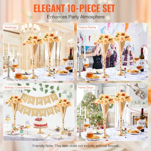 VEVOR 10PCS 43cm/16.9” Tall Wedding Flower Vase, Metal Wedding Trumpet Centerpiece, Gold Floral Stand Display Rack for Tables Wedding Dinner Party, Anniversary Ceremony Birthday Event Decor by VEVOR - Image 6