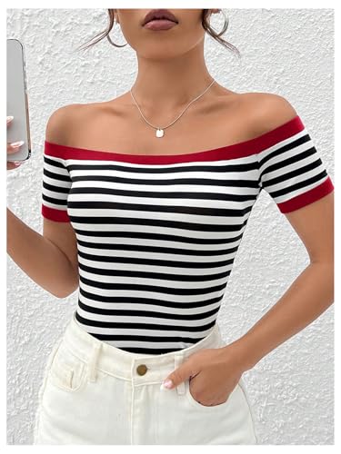 Verdusa Striped Off The Shoulder Tops for Women Short Sleeve Fitted Shirt Sexy Tees4
