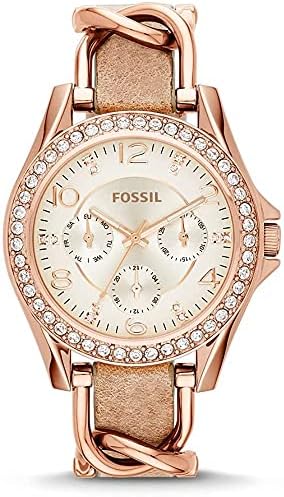 Fossil Women's Riley Quartz Stainless Steel and Leather Multifunction Watch, Color: Rose Gold, Sand (Model: ES3466)