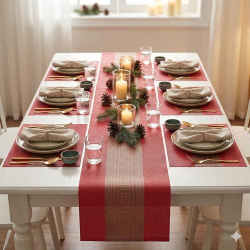 Image of YELONA Placemats and Table Runner Set - Heat Resistant, Non-Slip & Washable PVC Vinyl Dining Table Mats - Scarlet Red (6 Placemats: 45x30 cm, 1 Runner: 180x30 cm)