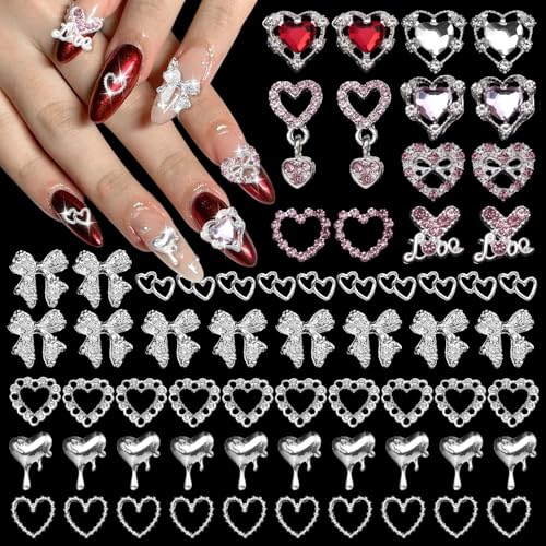 64 Pcs Heart Nail Gems and Charms, Multi Styles Shiny Alloy Rhinestones Charms Heart Bows Nail Gems for Women DIY Nail Art Accessories
