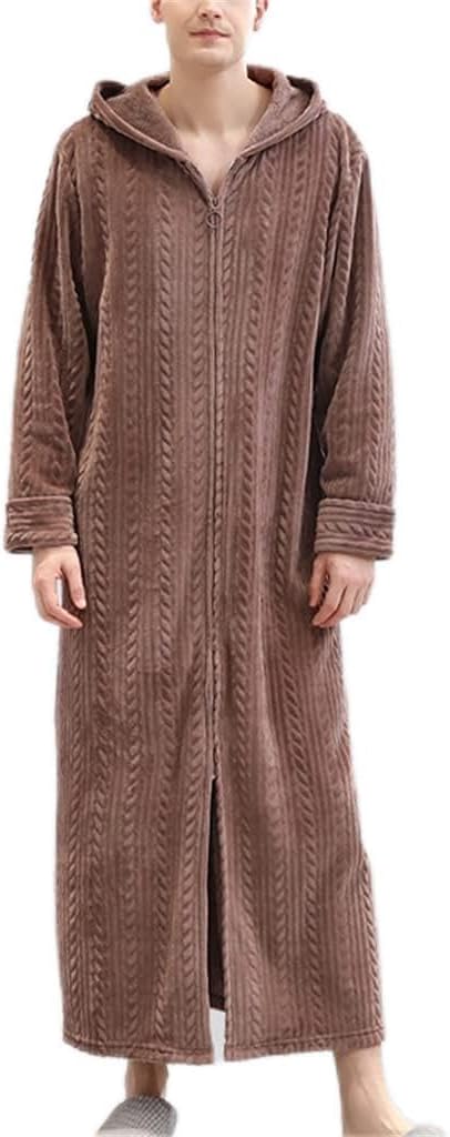 Bathrobe Men's Autumn and Winter Flannel Zipper Hooded Bathrobe Home Service Night Gown Home Service