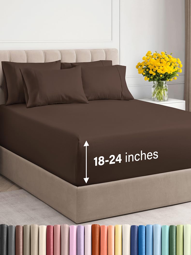 Extra Deep Queen Sheet Set - 6 Piece Breathable and Cooling Sheets - Hotel Luxury Bed Sheets Set - Easy & Secure Fit - Soft, Wrinkle Free and Comfy Sheets Set - Brown Sheet Set with Extra Deep Pockets