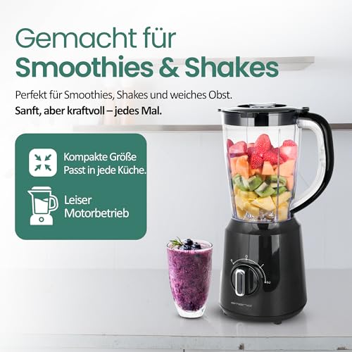 EMERIO Standmixer BPA frei Crush Ice Funktion 1.5l Behälter 2 Geschwindigkeiten + Pulse Funktion Messereinheit aus Edelstahl Sicherheitsschalter geschirrspülgeeignet 500 Watt BL-124816.8 Schwarz