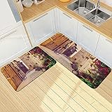 Küchenteppiche 2-Teilige,Stadtbild Straße in Pienza Toskana Italien mit Blumenampel Pflanzen Blumen Fahrräder B,Weiche Saugfähige Küche für vor dem Waschbecken Küchenmatte und Teppich vor dem Schrank