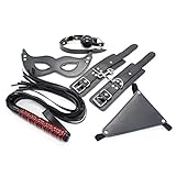 Faux Leather Flogger for Adult Play, Plastic Breathable Mouth Ball, Fluffy Handcuffs for Grownups Bedroom, Eye Mask for Women, Faux Leather Black Set