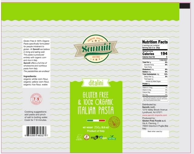 Sanniti Gluten Free European-Kosher Vegan GMO-Free Corn and Rice Pasta, 8.8 oz Pack of 2 (Ditalini)  
Sanniti Italian Gl