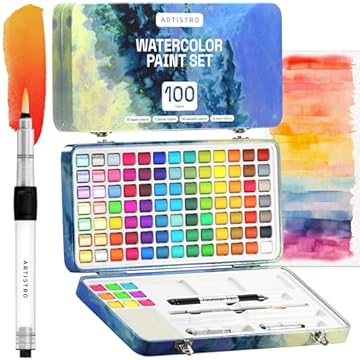 ARTISTRO Watercolor Paint Set, 100 Vivid Colors in Portable Box, Including Metallic, Fluorescent, Pastel Colors. Perfect Travel Watercolor Set for Artsits, Amateur, Hobbyists and Painting Lovers