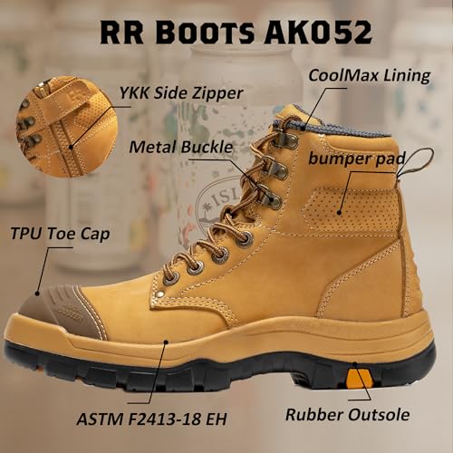ROCKROOSTER Men's 6 inch Work Boots with Side Zipper, Slip-Resistant Rubber Outsole, Coolmax Breathable & Odor-Free, Arch Support for All-Day Comfort AK0522