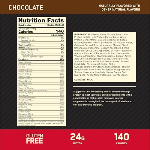 Image of Optimum Nutrition Gold Standard Protein Shake, 24g Protein, Ready to Drink Protein Shake, Gluten Free, Vitamin C for Immune Support, Chocolate, 11 Fl Oz, Pack of 4 (Packaging May Vary) | On-The-Go Ready to Drink Protein Shake, Gluten Free, Added Vitamins & Minerals for Immune Support, Delicious Flavor & Texture