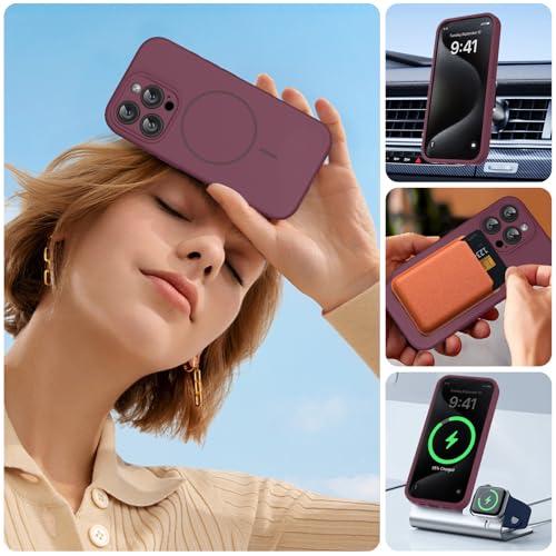 Image of Miracase Magnetic for iPhone 15 Pro Case, [Soft Anti-Scratch Microfiber Lining], Compatible with MagSafe, Liquid Silicone Shockproof Drop Protection Phone Case for 15 Pro, Wine Red