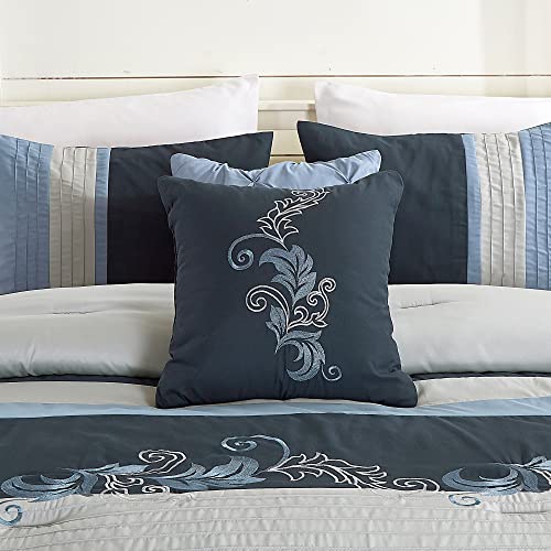 Chezmoi Collection Napa 7-Piece Luxury Autumn Leaves Scroll Embroidery Bedding Comforter Set (California King, Navy/Blue/Gray)