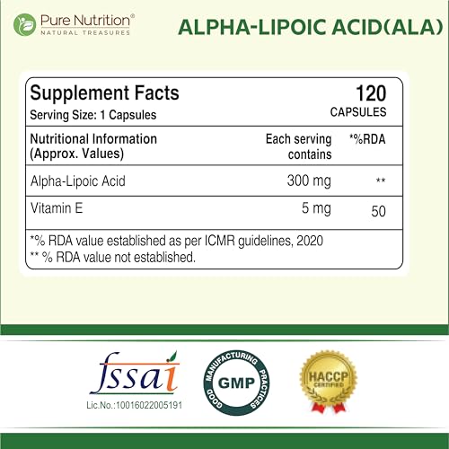 Image of Pure Nutrition Alpha Lipoic Acid (ALA) 300mg with Vitamin E | Powerful ALA Supplement Antioxidant for Nerve & Heart Health | Supports Healthy Blood Sugar, Energy Metabolism & Cellular Protection - 120 Veg Capsules