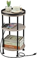 Vista 15 de Mesa auxiliar redonda pequeña con estación de carga para espacios pequeños, mesa decorativa de 3 niveles con puertos USB y tomas de corriente, mesa