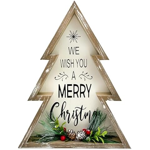 HOMirable Christmas Decorations Farmhouse Christmas Tree Decor Pinecones Merry Christmas Sign Wooden Decorative Block Rustic Tabletop Xmas Party Holiday Décor for Home Cover