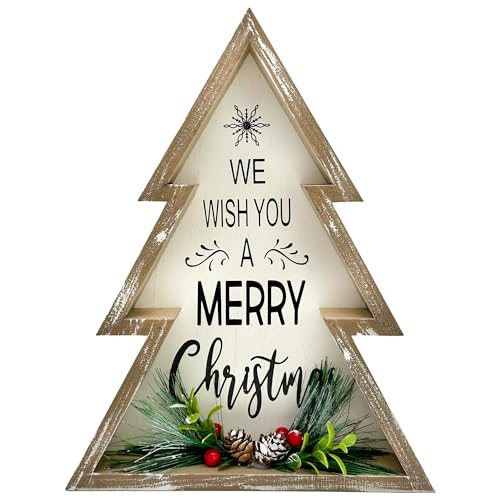 Christmas Decorations for Home Farmhouse Merry Christmas Tree with Pinecones Wooden Decorative Block Rustic Tabletop Xmas Party Holiday Décor