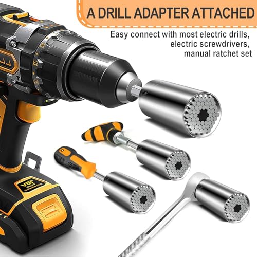 Image of Universal Socket Wrench Adapter (7mm-19mm, 1 /4 inch-3 /4 inch) Self Adjusting Multi-Size Tool with Power Drill Adapter, Heavy Duty Chrome Vanadium Steel for Nuts, Bolts & Damaged Fasteners - Tool Gift for Men