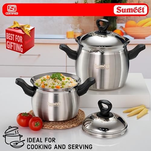 Image of Sumeet ISI Certified Stainless Steel Cook & Serve Pineapple Shape Handi /Cooking Pot with Steel Lid |Induction and Gas Compatible | Set of 2Pc - Capacity - 2000 & 4000ml -Dia - 17 & 20cm, Silver