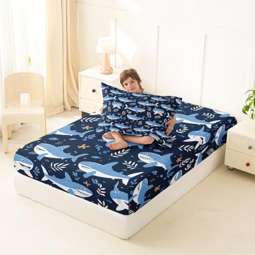 Image of jejeloiu Shark Bed Sheets Set Twin Size Ocean Decor Deep Pocket Fitted Sheet Sea Animal Bedding Sets Marine Life Soft Bed Set 3Pcs with 1 Pillow Cases