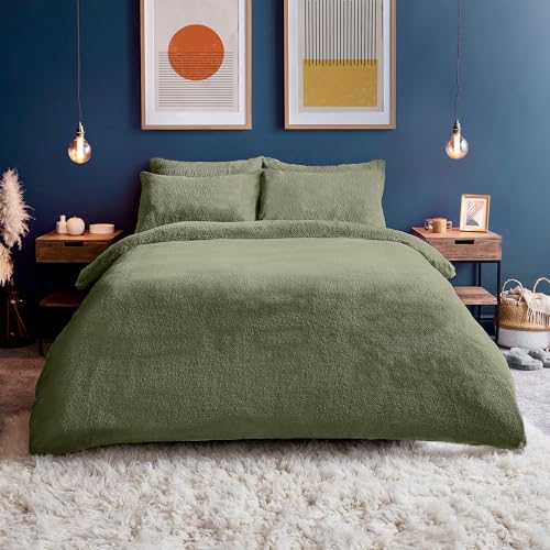 Silentnight Teddy Fleece Bedding - Teddy Bear Fleece Bottom Sheet Duvet Set Warm Cosy Fluffy Winter (Sage Single Duvet Set)