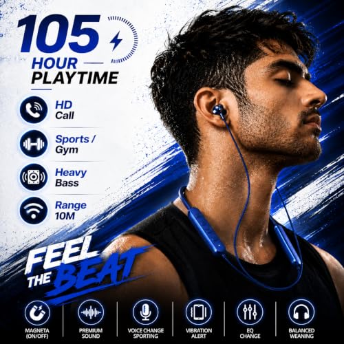 Image of Bluetooth Neckband Earphones with 105H Playtime, Wireless Bluetooth Headphones with ENC Noise Reduction, Magnetic Earbuds, Built-in Equalizer Mode, HD Calling Mic, Neckband Earphones - Blue